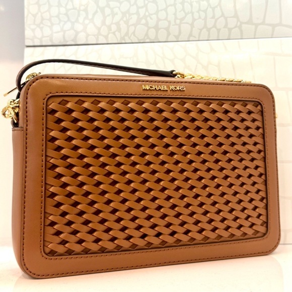 Michael Kors Jet Set Large Woven Crossbody Bag Luggage Brown - Picture 1 of 8